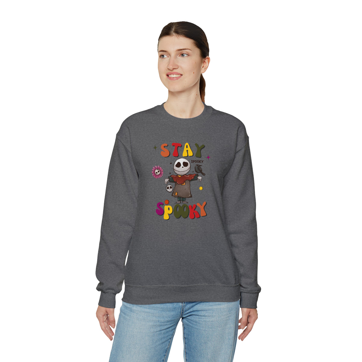 stay spooky skeleton scarecrow halloween grey  crewneck sweatshirt - my comfy clothing