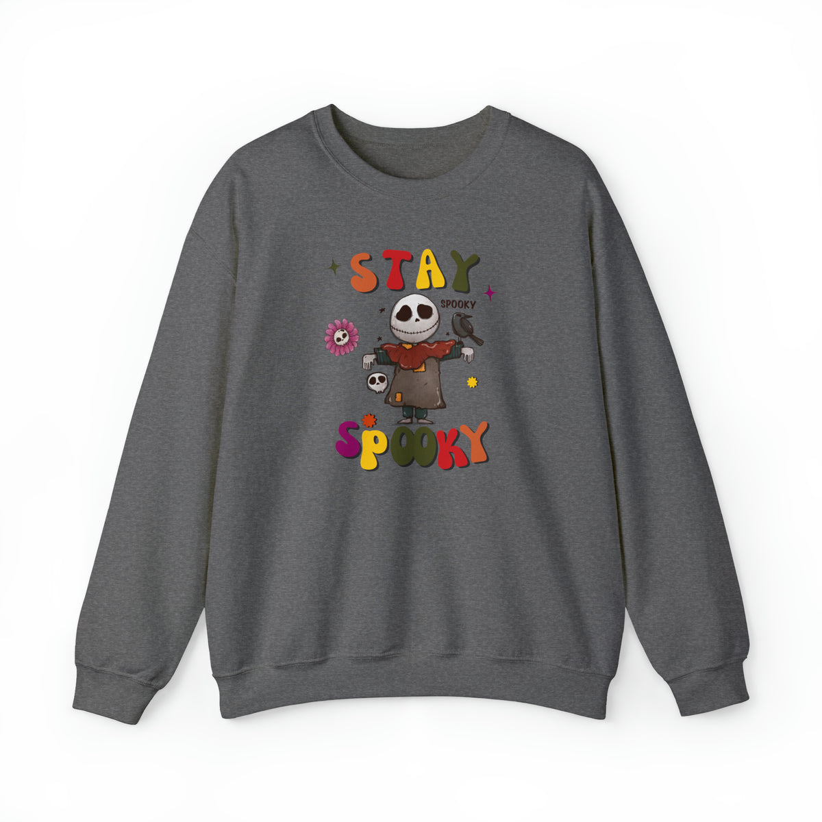 stay spooky skeleton scarecrow halloween grey  crewneck sweatshirt - my comfy clothing