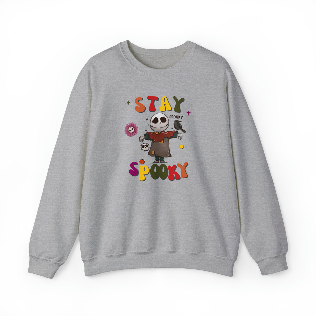 stay spooky skeleton scarecrow halloween grey  crewneck sweatshirt - my comfy clothing