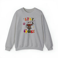 stay spooky skeleton scarecrow halloween grey  crewneck sweatshirt - my comfy clothing