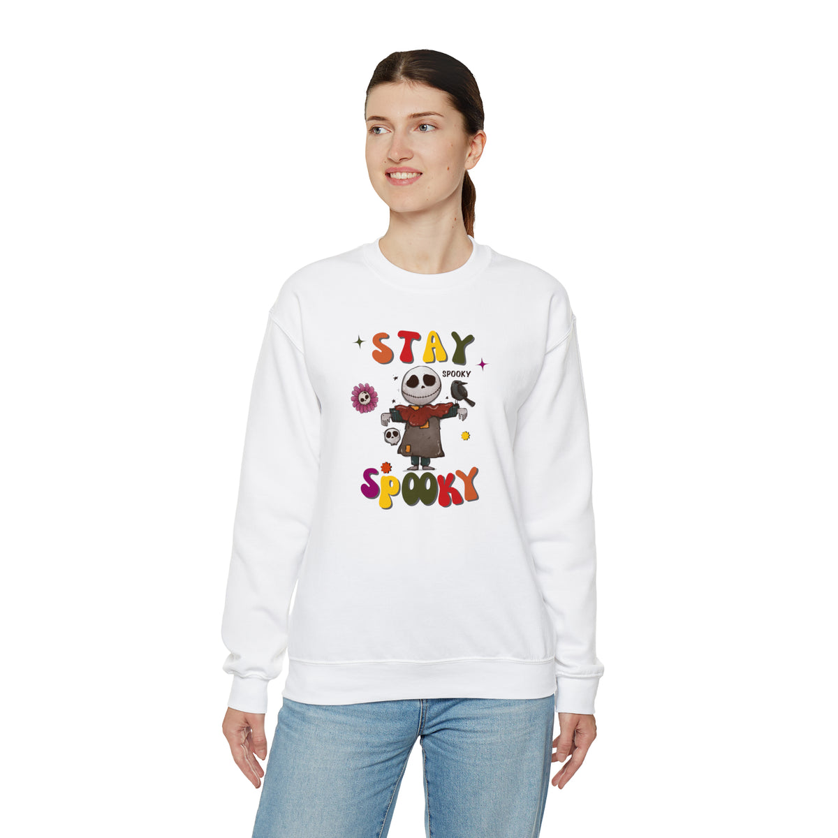 stay spooky skeleton scarecrow halloween white  crewneck sweatshirt - my comfy clothing