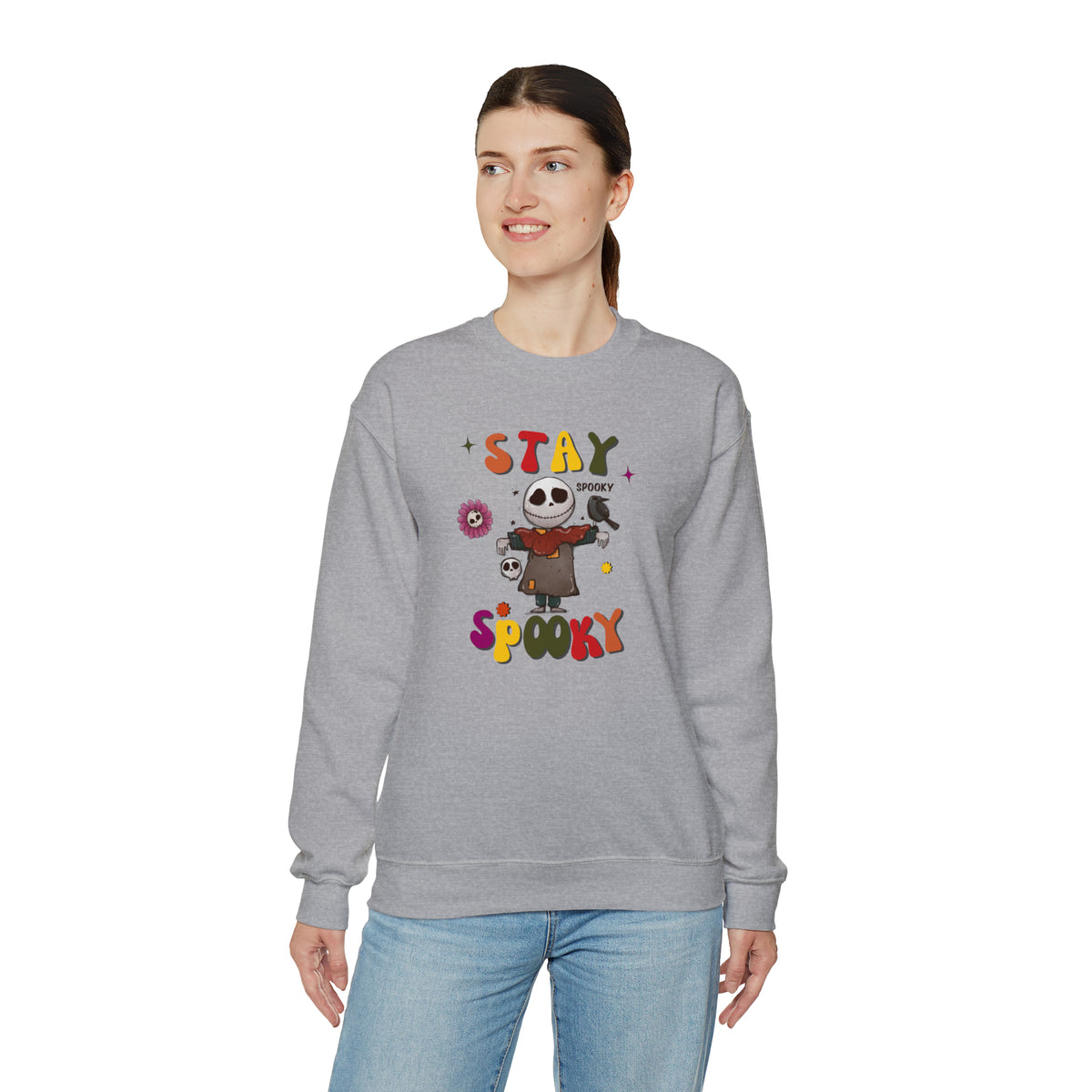 stay spooky skeleton scarecrow halloween grey  crewneck sweatshirt - my comfy clothing