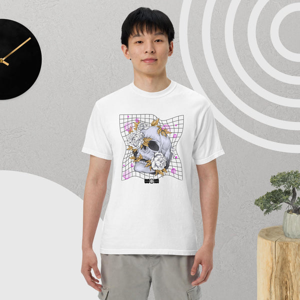 A white knit crew neck Vintage Tee with Floral Skull - Flower Bloom Skull graphics Halloween shirt - my comfy clothing