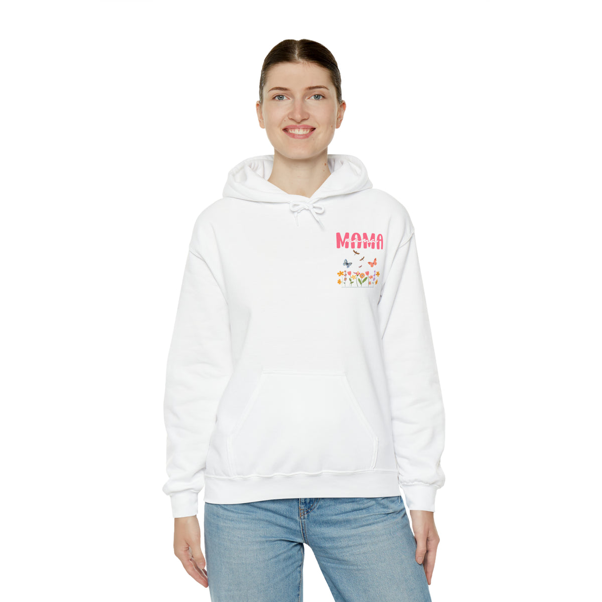 white hoodie for mom with butterflies and flowers - my comfy clothing